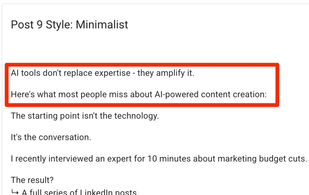 Screenshot linkedin post opening hook example