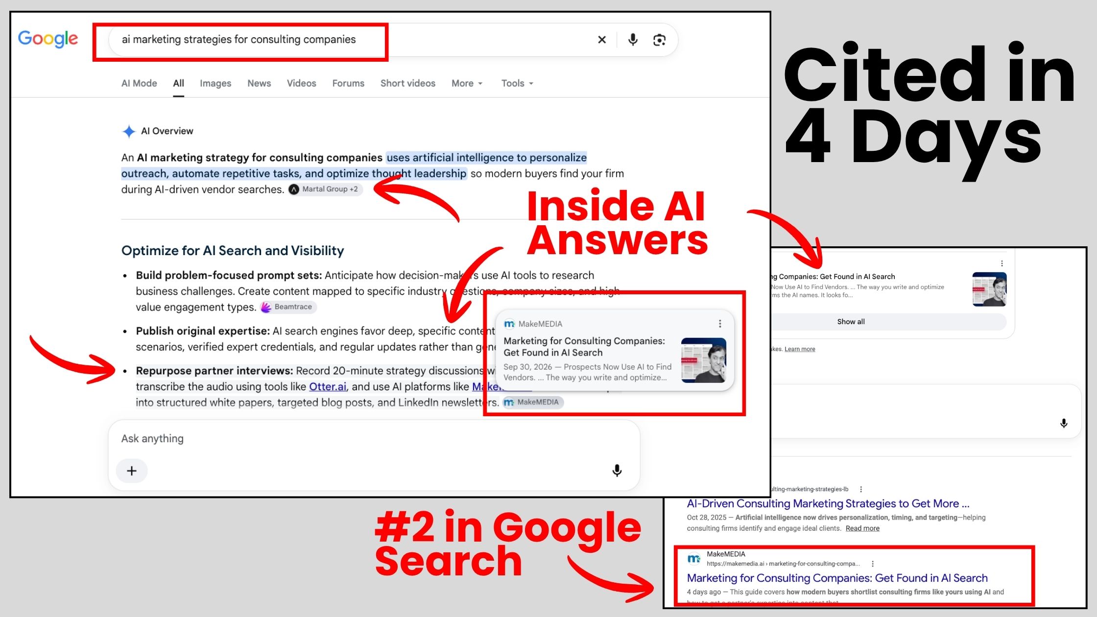 MakeMEDIA AI Search Optimization Services for B2B 3 Google AI Overview citing an article by our AI search optimization agency that also ranked second in search results