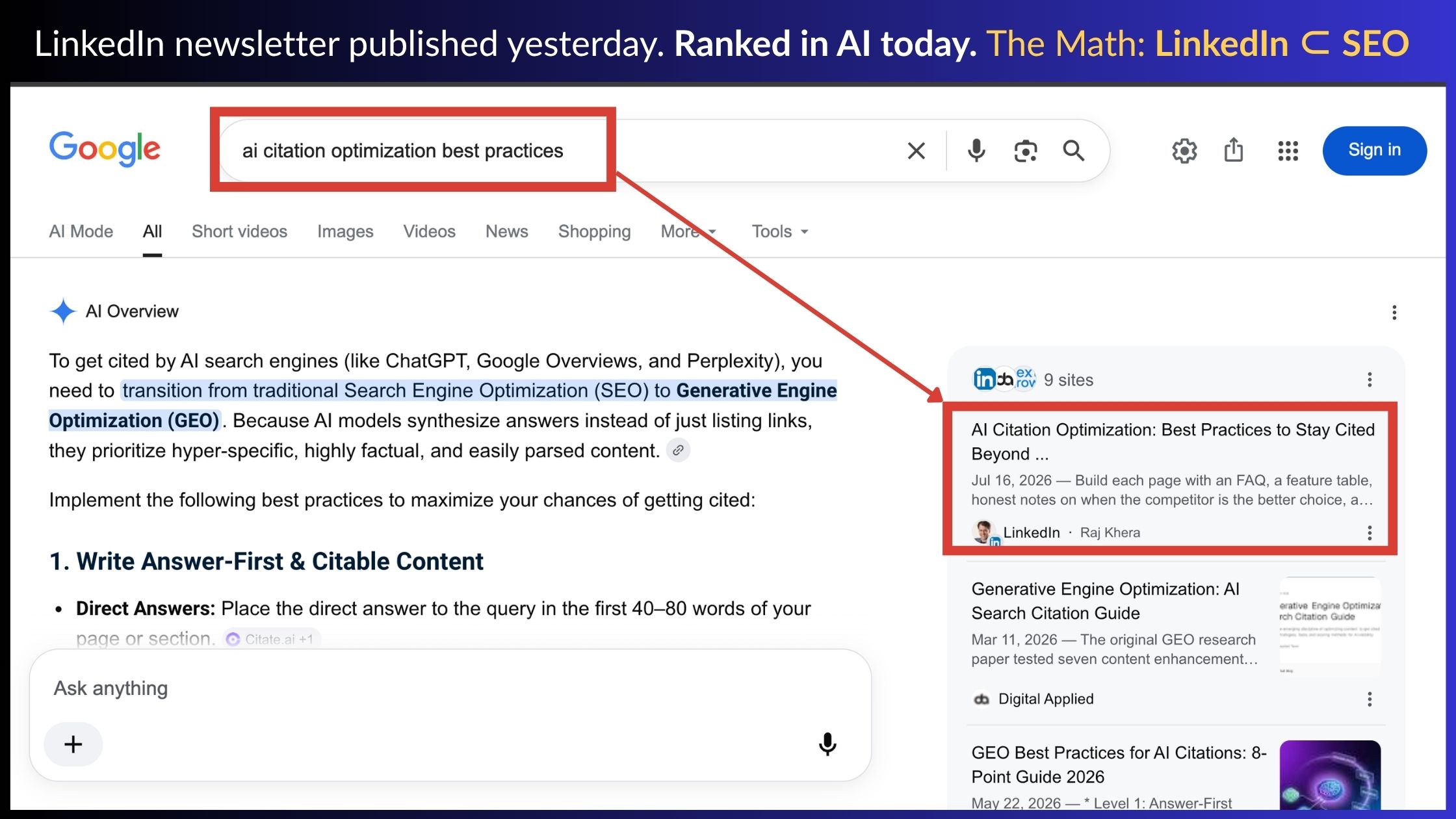 MakeMEDIA AI Search Optimization Services for B2B 4 Google AI Overview citing a LinkedIn newsletter one day after it was published