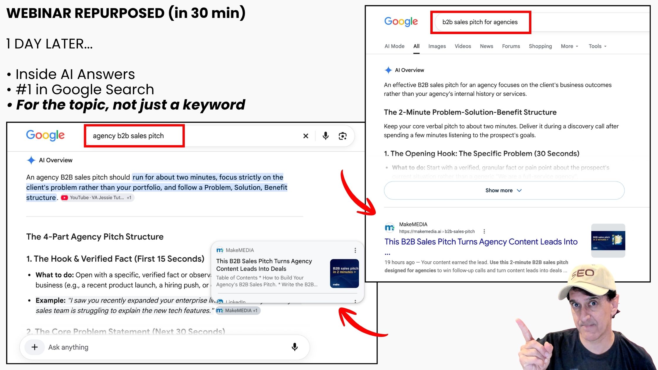 MakeMEDIA AI Search Optimization Services for B2B 2 Google results showing an article repurposed from a webinar ranked first, the day after publishing
