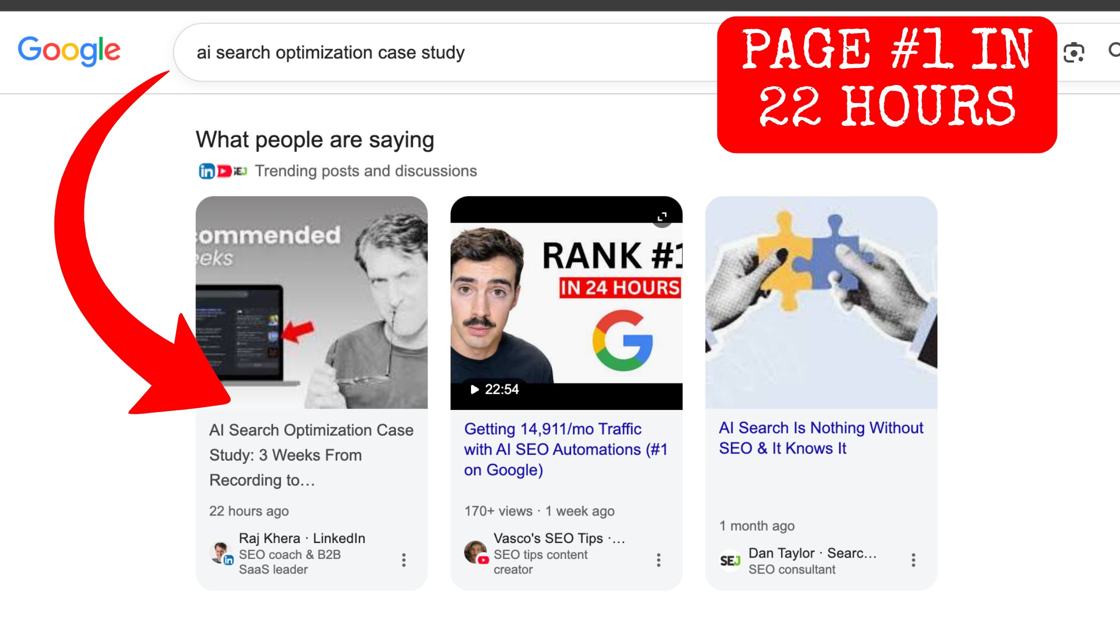 MakeMEDIA AI Search Optimization Services for B2B 5 Google results showing a LinkedIn post about an AI search optimization case study on page one